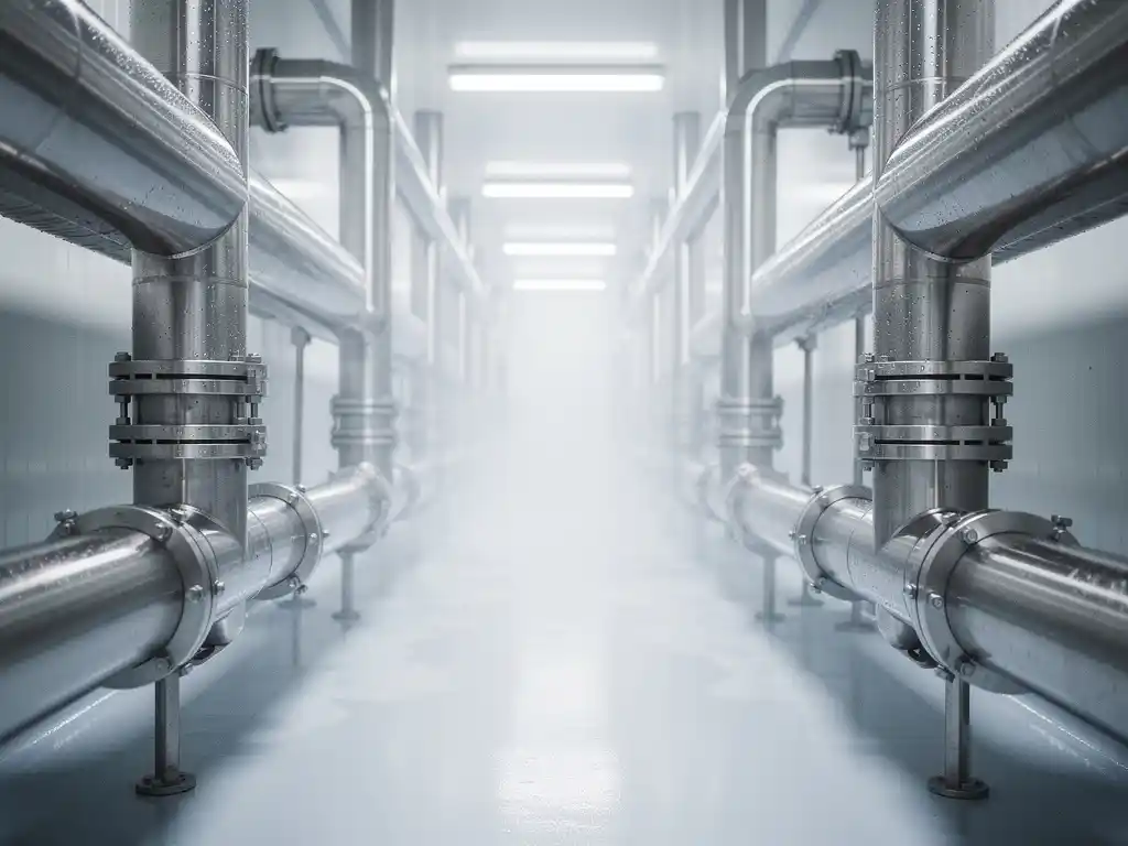 Stainless steel dairy processing pipeline running through a sterile white industrial facility with cool mist and fluorescent lighting.