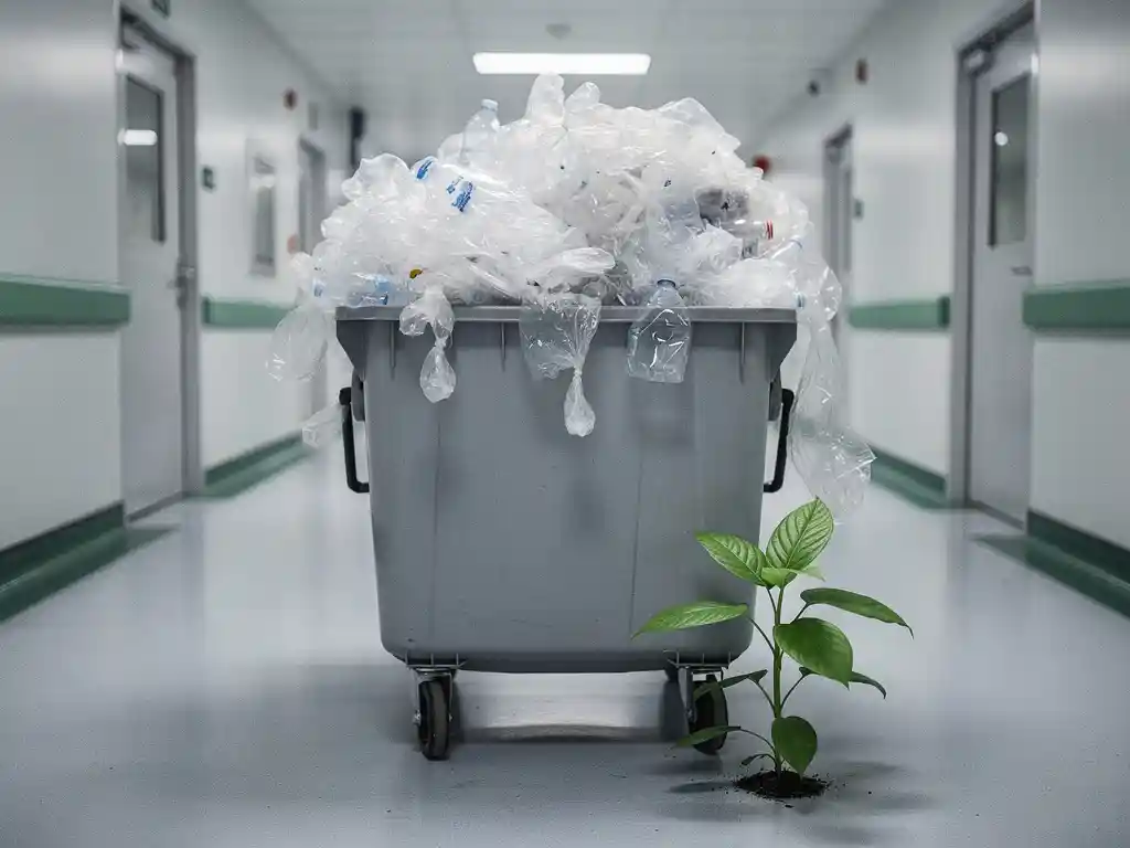 Überquellender Industriebehälter mit Einweg-Klebematten-Abfall in einem pharmazeutischen Reinraum, daneben eine grüne Pflanze als Nachhaltigkeitssymbol.