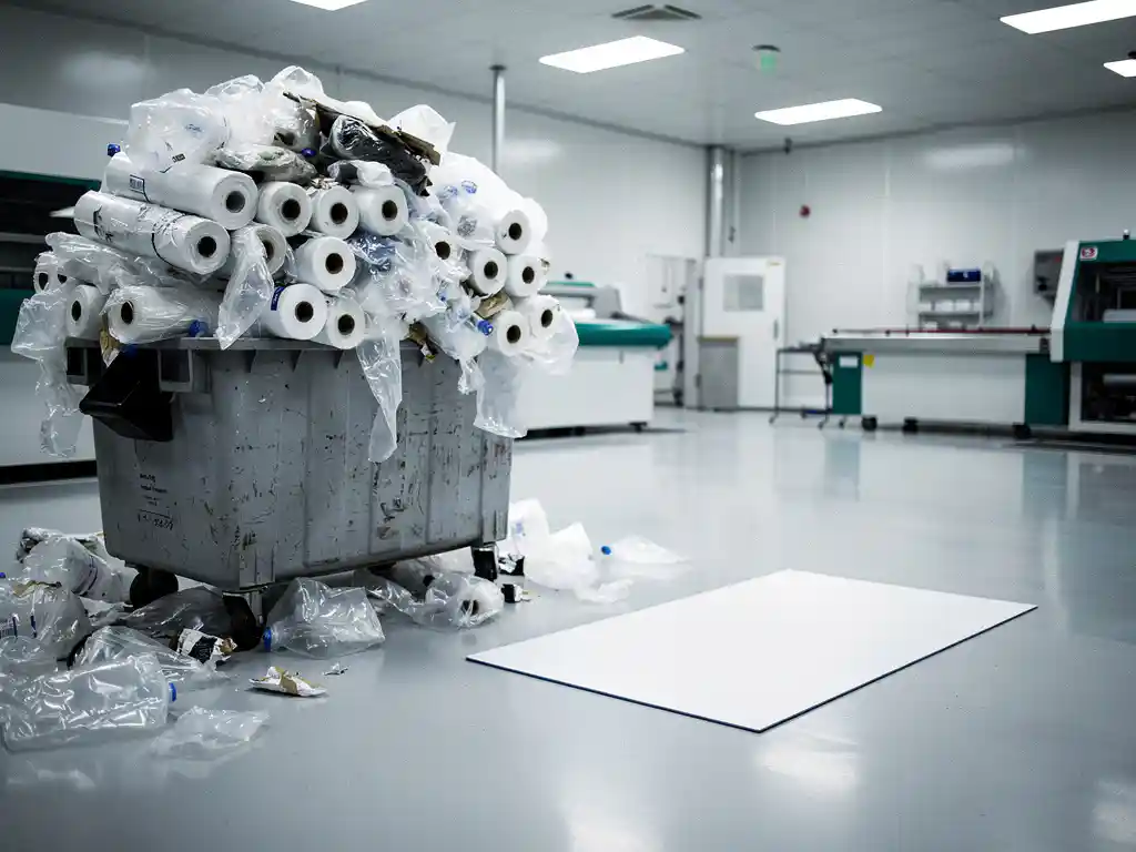 Überquellender Industrieabfallbehälter mit gebrauchten Klebefolienrollen neben einer wiederverwendbaren Polymerfolie auf weißem Reinraumboden.