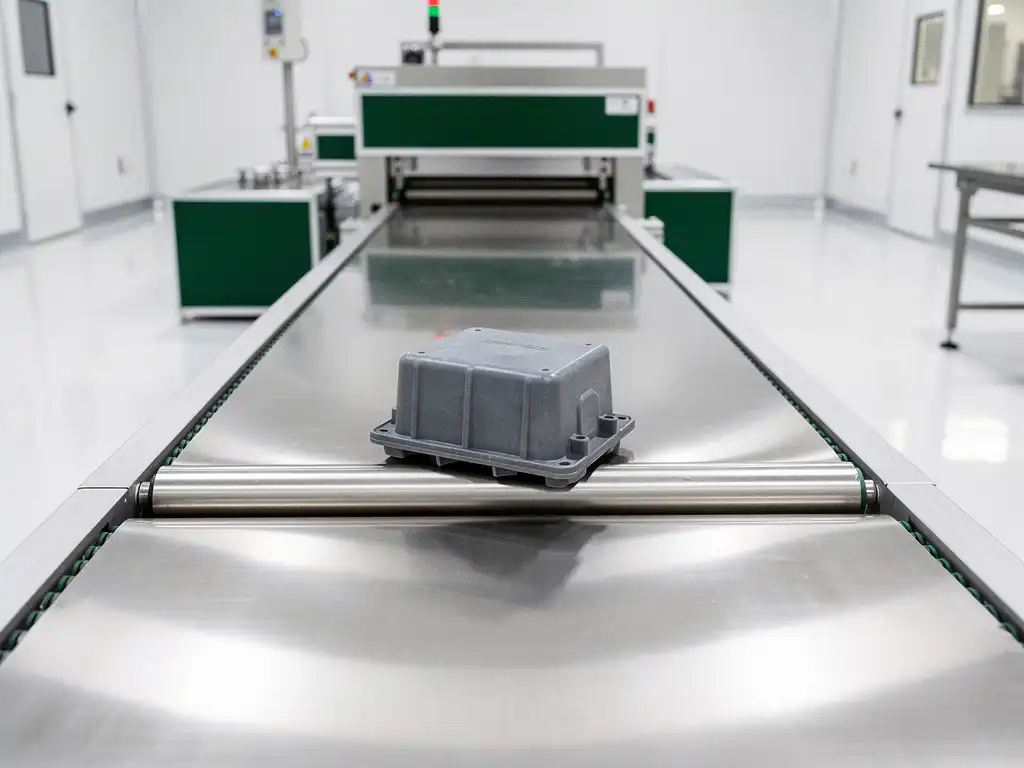 Wiederverwendbares Polymerbauteil auf Edelstahl-Förderband in steriler Reinraum-Fertigungsanlage mit polierten weißen Böden.