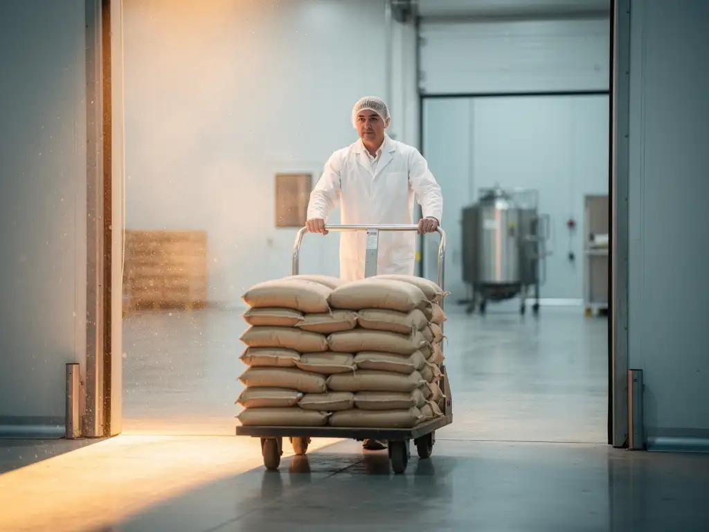 Delivery worker in white hygiene coat wheeling raw ingredient sacks through a food production facility loading bay.