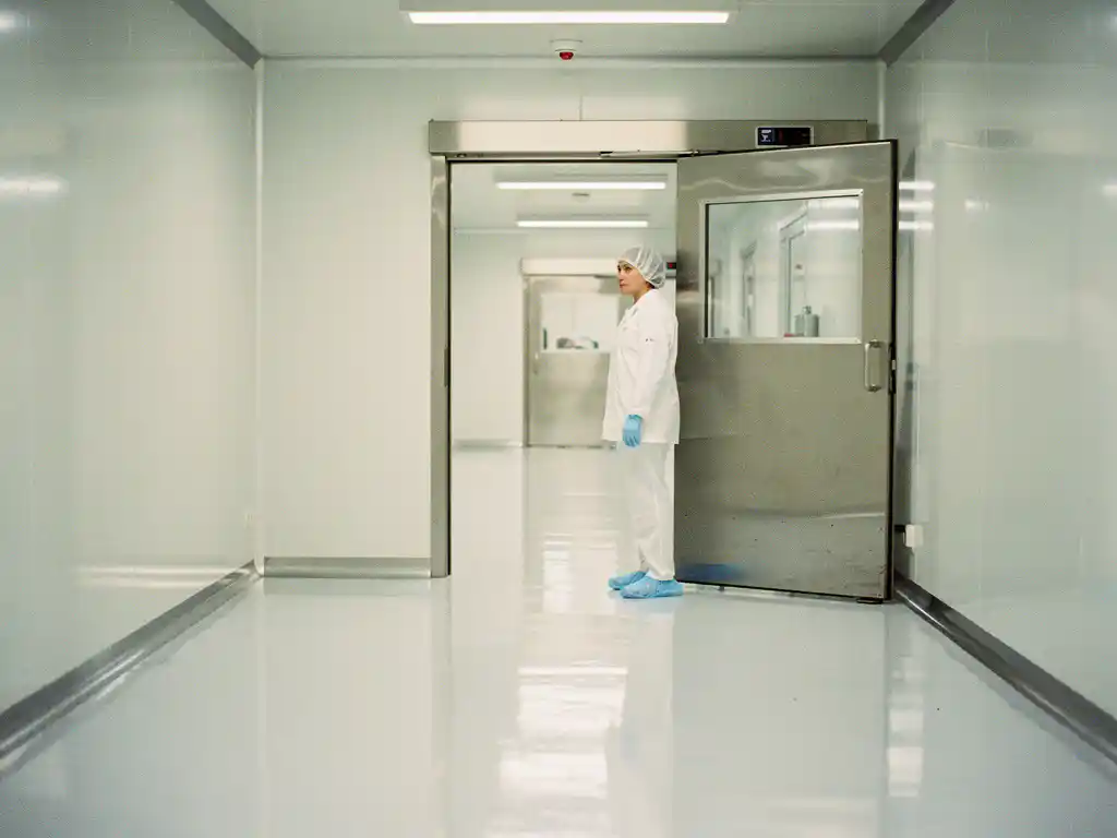 Worker in white coveralls and hairnet entering a sterile food facility corridor with polished epoxy floors and stainless steel door frames.