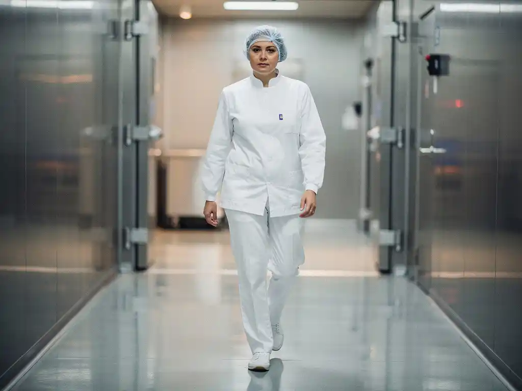 Food facility worker in white hygiene uniform and hairnet walking through a stainless steel entry corridor with polished reflective floors.