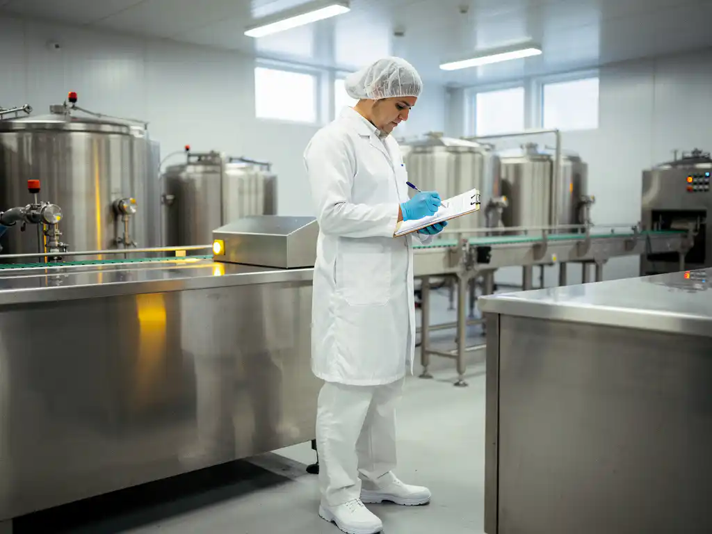 Food safety inspector in white hygiene uniform and hairnet reviewing clipboard in a stainless steel food processing facility.
