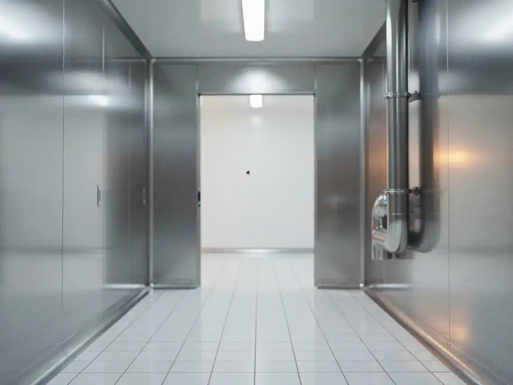 Stainless steel food manufacturing corridor with two clean zones separated by a doorway, a single dust particle visible in bright overhead light.