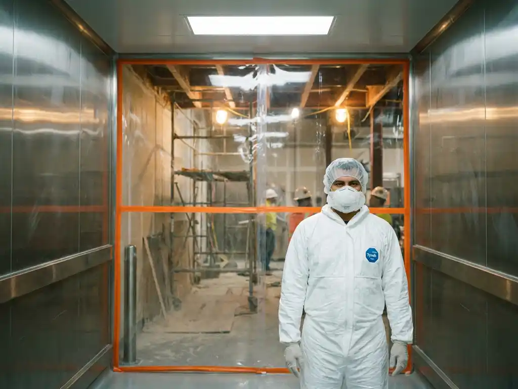Food manufacturing worker in white PPE suit and hairnet standing at stainless-steel facility entrance, construction visible through barrier behind them.