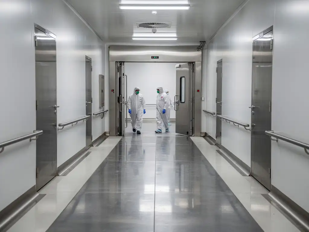 Workers in white coveralls and hairnets passing through an airlock entry between hygienic zones in a stainless steel food manufacturing facility.