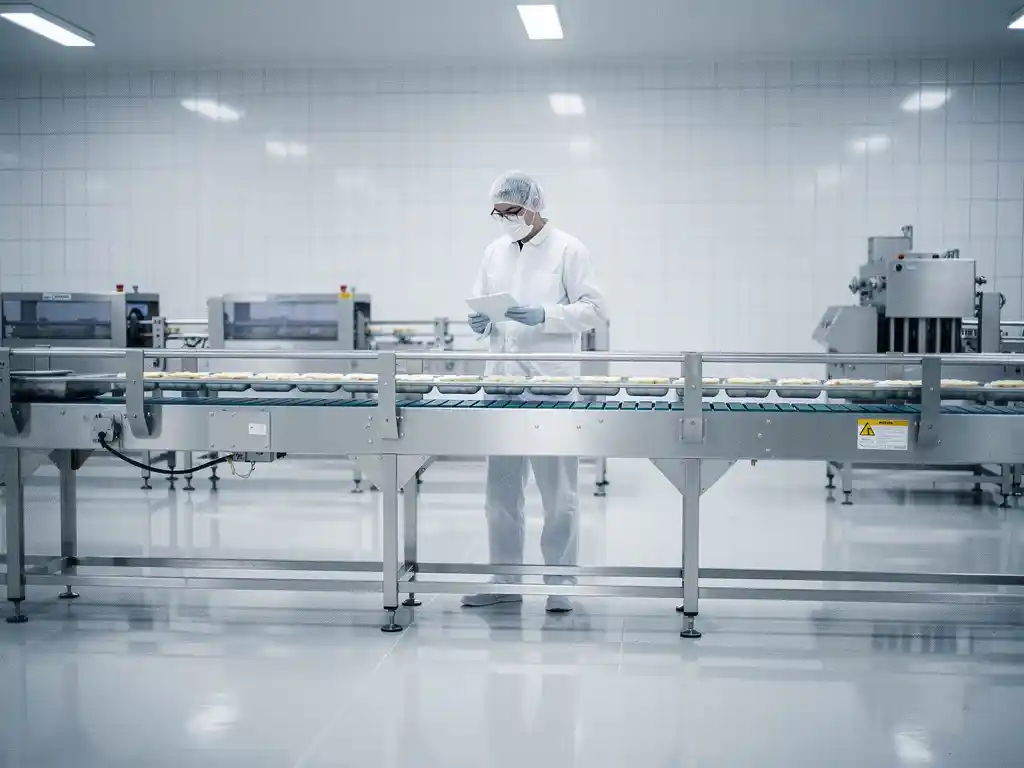 Food manufacturing worker in white protective gear and hairnet inspecting a stainless steel production line in a clean facility.