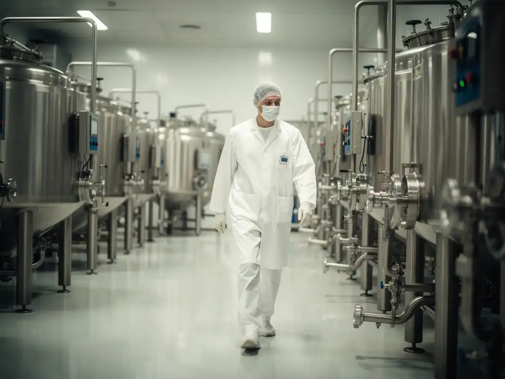 Food manufacturing worker in white protective gear and hairnet inspecting a stainless steel processing facility.