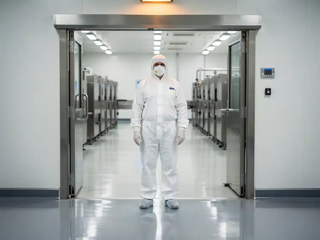 Food manufacturing worker in white protective gear pausing at sterile zone entry, stainless steel equipment and clinical white walls behind.