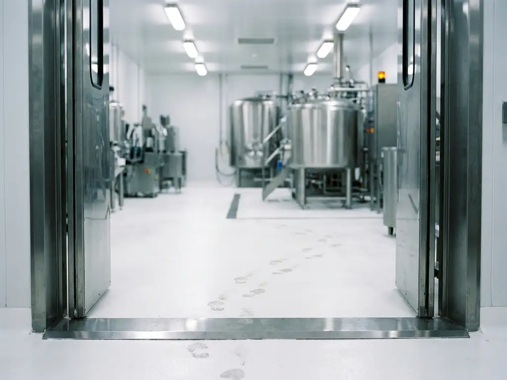 Stainless steel food plant doorway with fluorescent lighting casting shadows across white epoxy floor, faint dusty footprints leading to processing equipment.