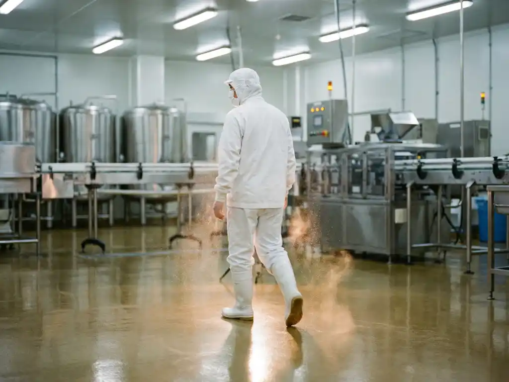 Food plant worker in white sterile coveralls crossing a polished epoxy floor, with stainless steel processing equipment in the background.