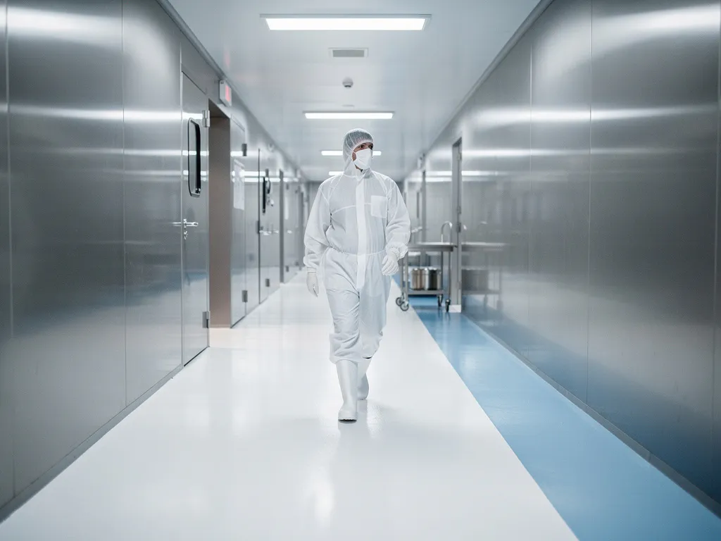 Worker in white protective gear and hairnet walking through a sterile stainless steel food processing corridor with epoxy floor zone markings.