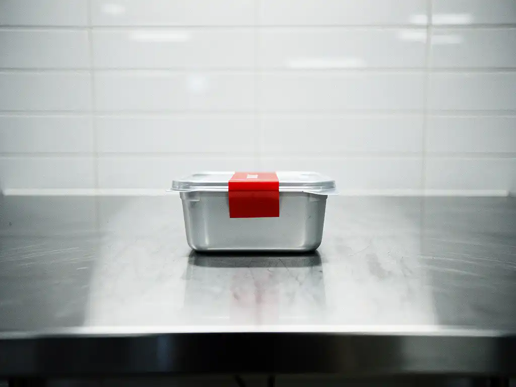 Sealed product container on stainless steel food processing surface under clinical white lighting with sterile tiled walls in background.