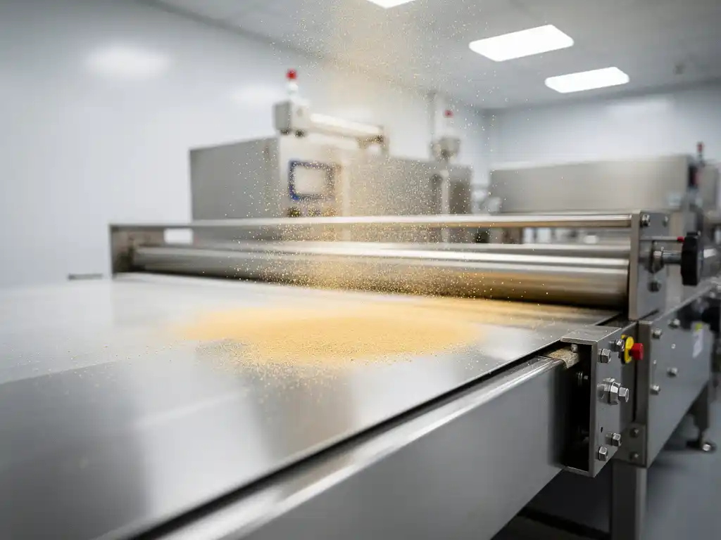 Golden dust particles drifting over a stainless steel food production conveyor belt under dramatic overhead lighting.