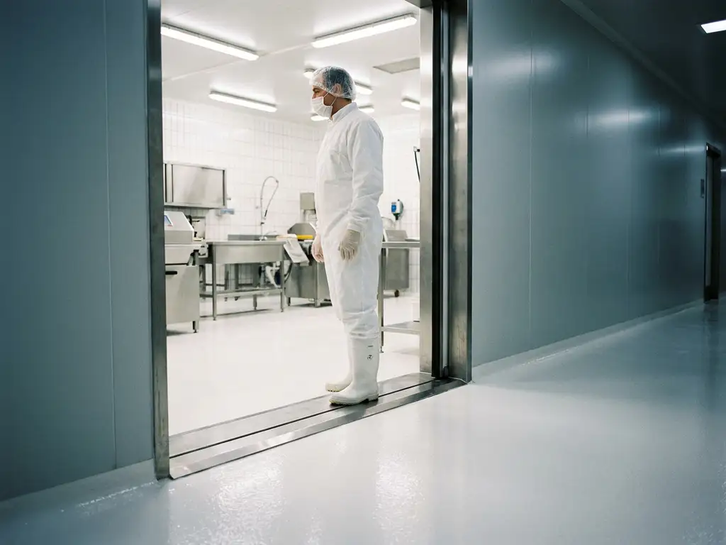 Worker in white PPE and hairnet pausing at a stainless steel threshold between a food production floor and entry corridor.