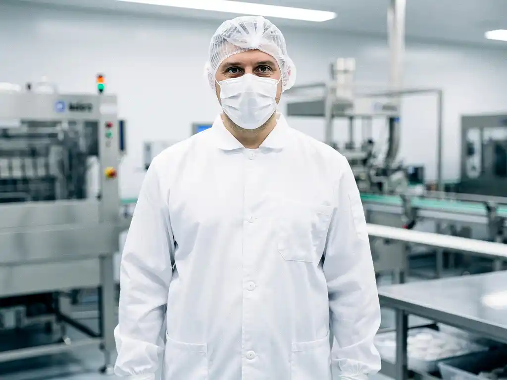 Food production worker in white PPE, hairnet, face mask, and gloves standing in a stainless steel high-care facility.