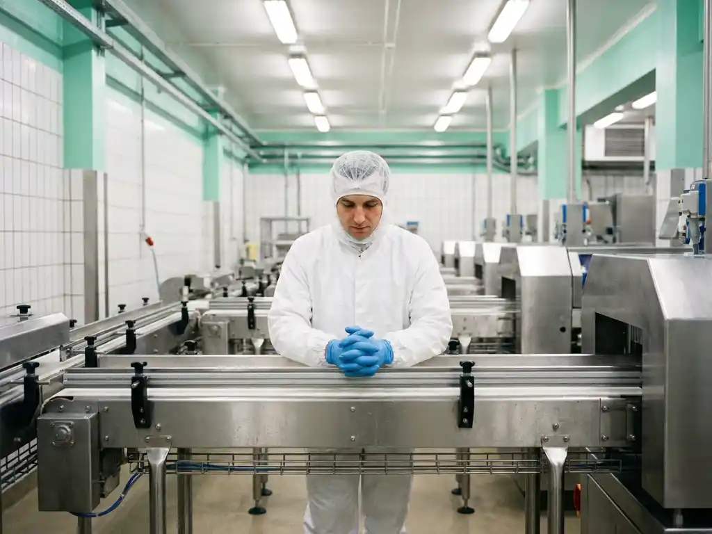 Food production worker in white hygiene coveralls and hairnet inspecting stainless steel processing equipment in a sterile facility.