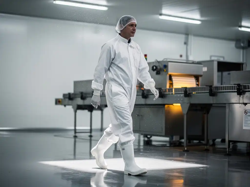 Food production worker in white sterile overalls and rubber boots walking across a polished stainless steel floor in a clinical processing facility.