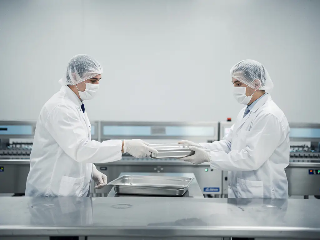 Food production workers in white protective gear and hairnets passing a sealed stainless steel tray at a sterile processing station.