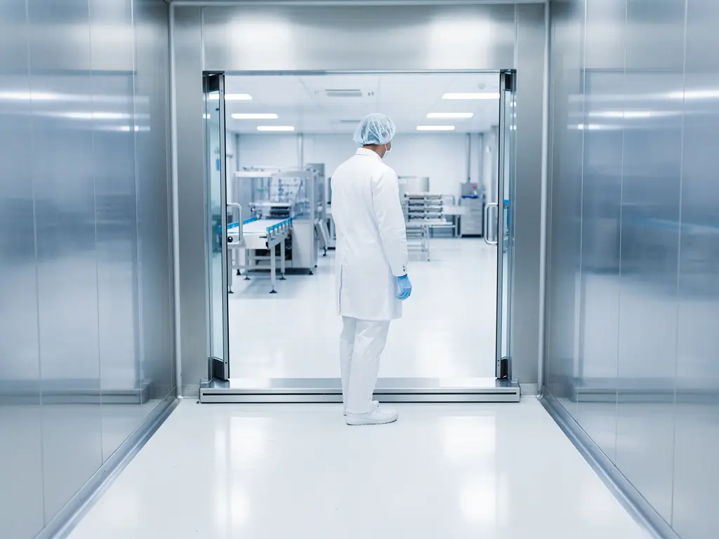 Worker in white PPE entering a sterile food production zone, stainless steel corridor leading to an immaculate processing floor.