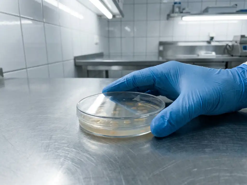 Gloved hand pressing a petri dish with bacterial colonies onto a stainless steel food production surface in a sterile facility.