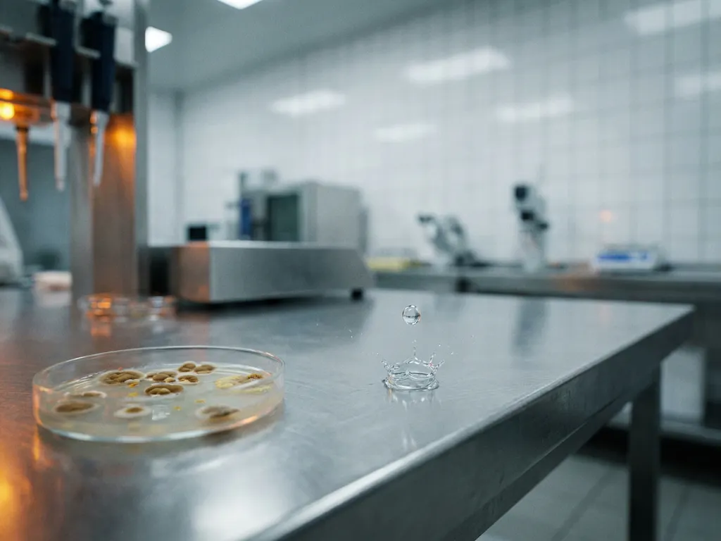 Bacterial colonies on a petri dish beside a water droplet splash on a stainless steel food production surface.