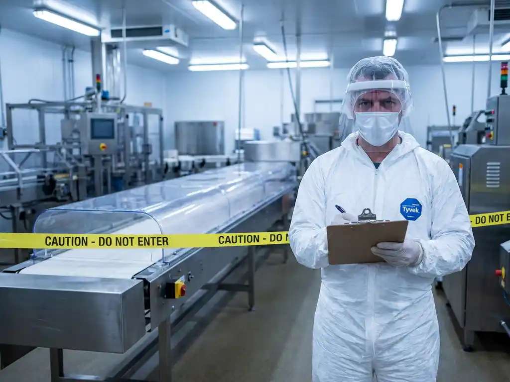 Food safety inspector in white protective gear holding clipboard inside sterile manufacturing facility with sealed production line and caution tape.