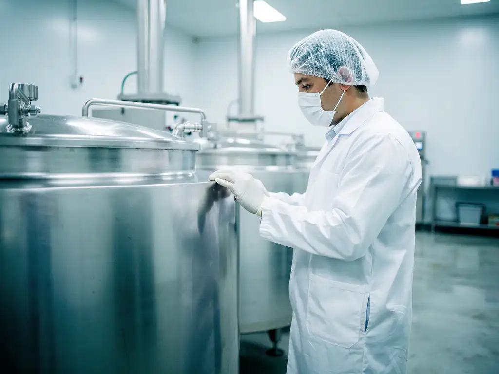Food safety inspector in white PPE and hairnet examining stainless steel processing equipment in a sterile industrial kitchen.