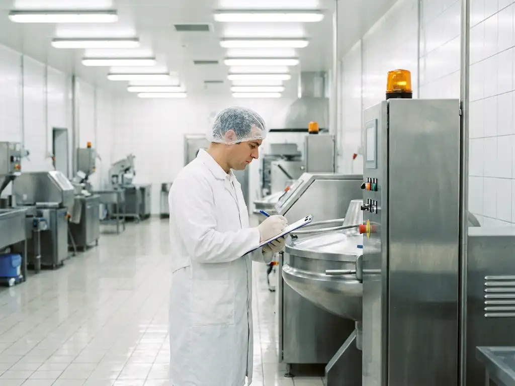 Food safety inspector in white coat reviewing clipboard beside stainless steel processing equipment in a sterile industrial kitchen.