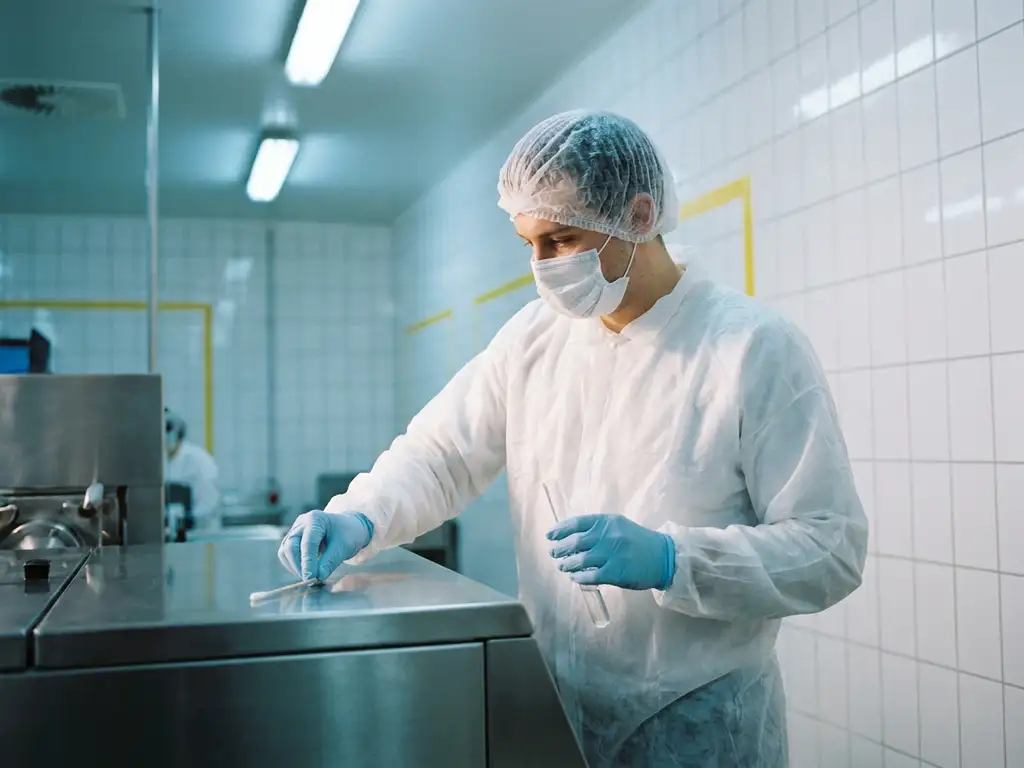 Food safety worker in white uniform, hairnet, and gloves swabbing stainless steel surface in a high-care food production zone.