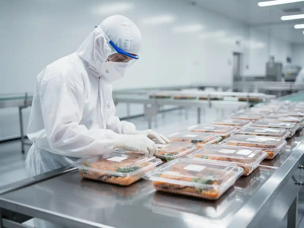 Gloved technician in white PPE suit inspecting sealed ready-to-eat food trays on a stainless steel production line in a clean facility.