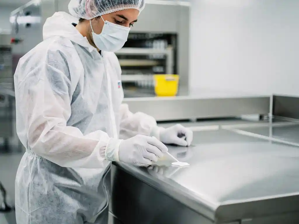 Food safety technician in sterile coveralls swabbing stainless steel processing surface during sanitation inspection.