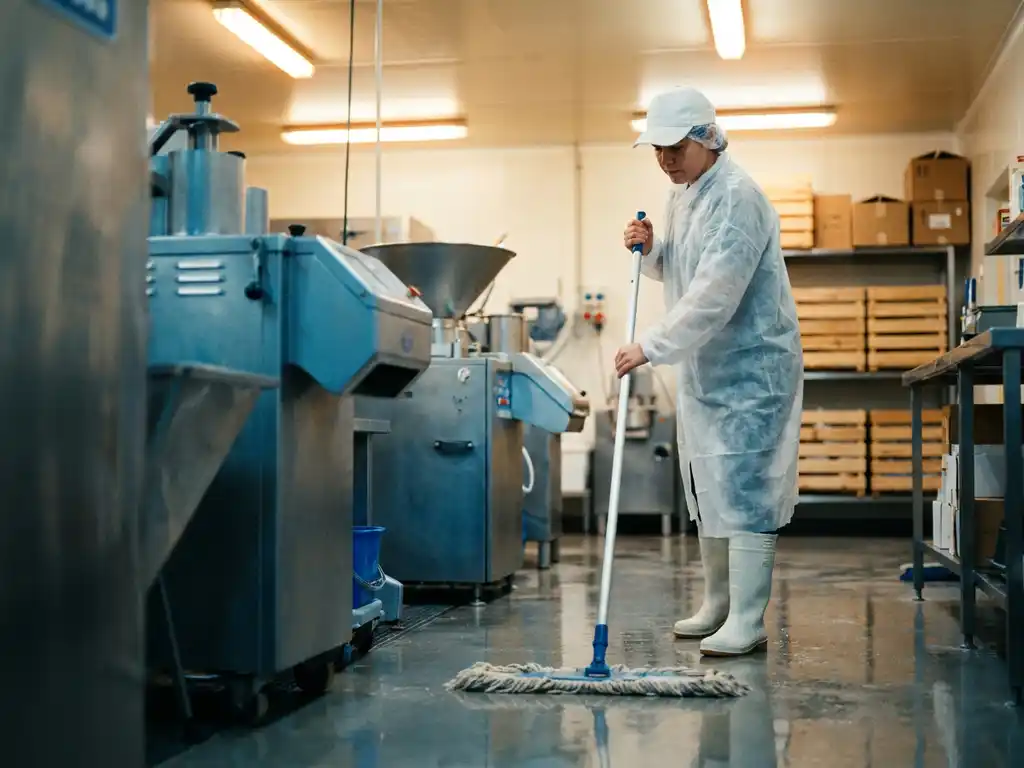 Food production worker in white protective clothing and hairnet mopping a stainless steel commercial kitchen floor with industrial equipment in the background.