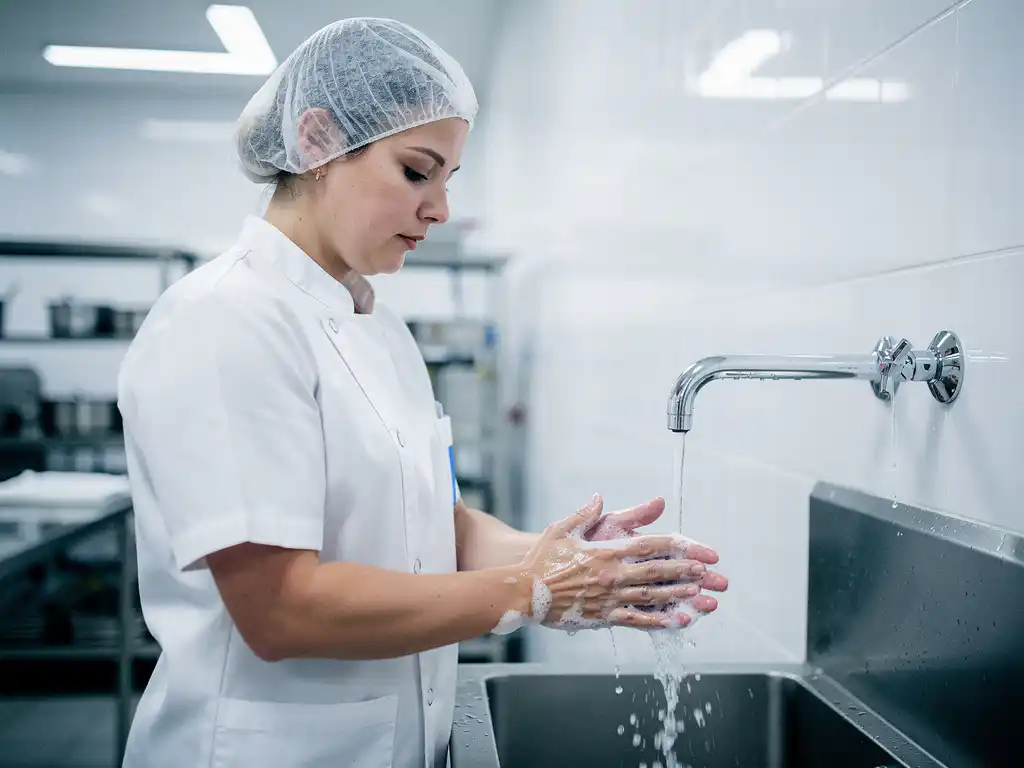 Food production worker in white uniform and hairnet washing hands at a stainless steel sink in a commercial kitchen.
