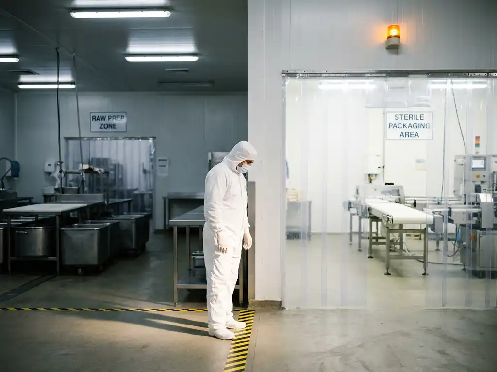 Food production worker in white protective gear pausing at the boundary line between a raw prep zone and sterile packaging area.