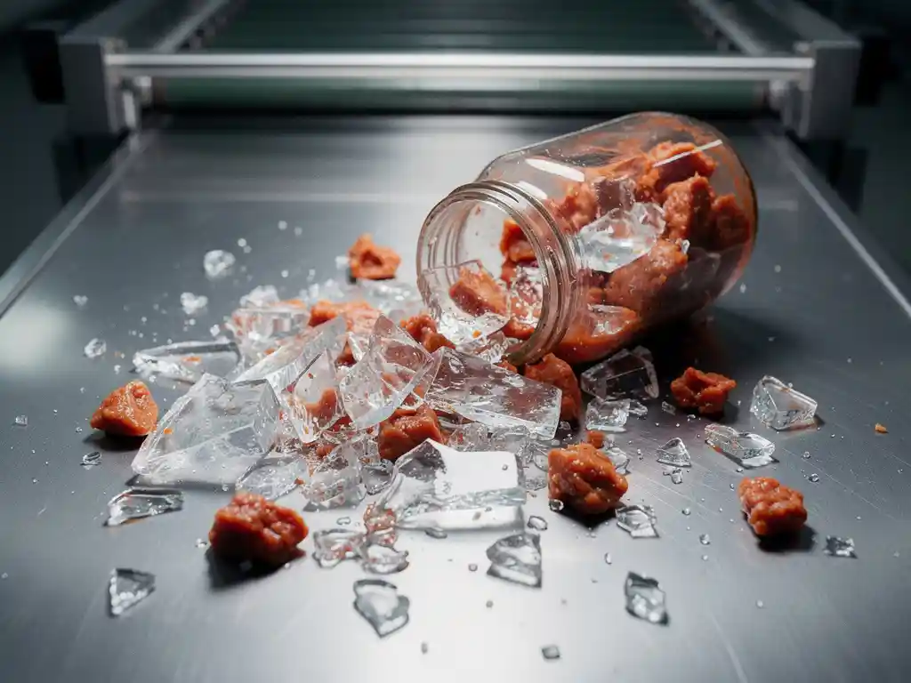 Zerbrochenes Einmachglas auf Edelstahl-Produktionslinie mit verschüttetem Inhalt, symbolisiert Lebensmittelrückruf und Qualitätskontrolle.
