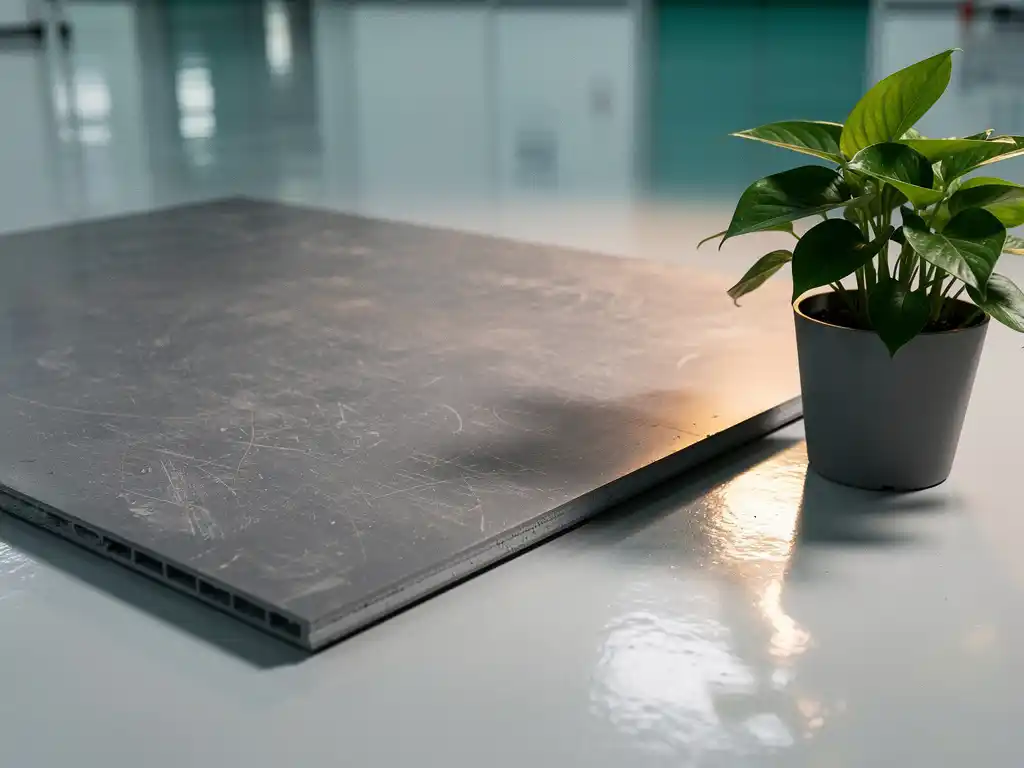 Worn industrial polymer floor panel on a cleanroom surface beside a small green plant, highlighting durability and sustainability.