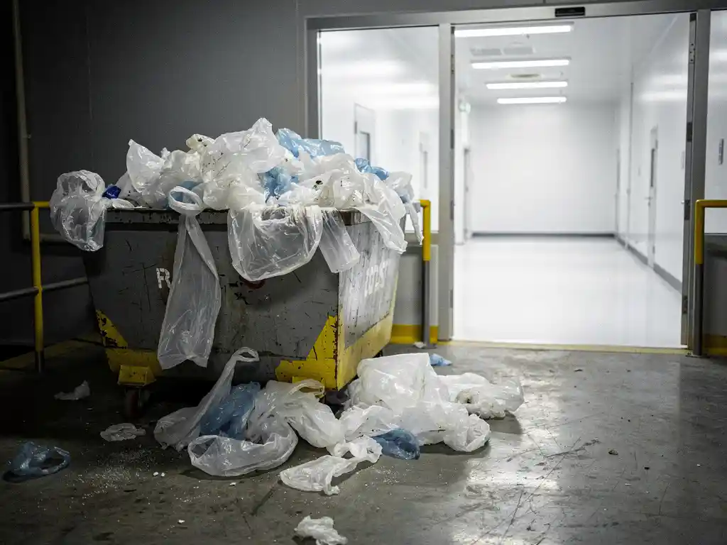 Overflowing industrial waste bin packed with crumpled single-use plastic sheets spilling onto a concrete floor outside a cleanroom corridor.