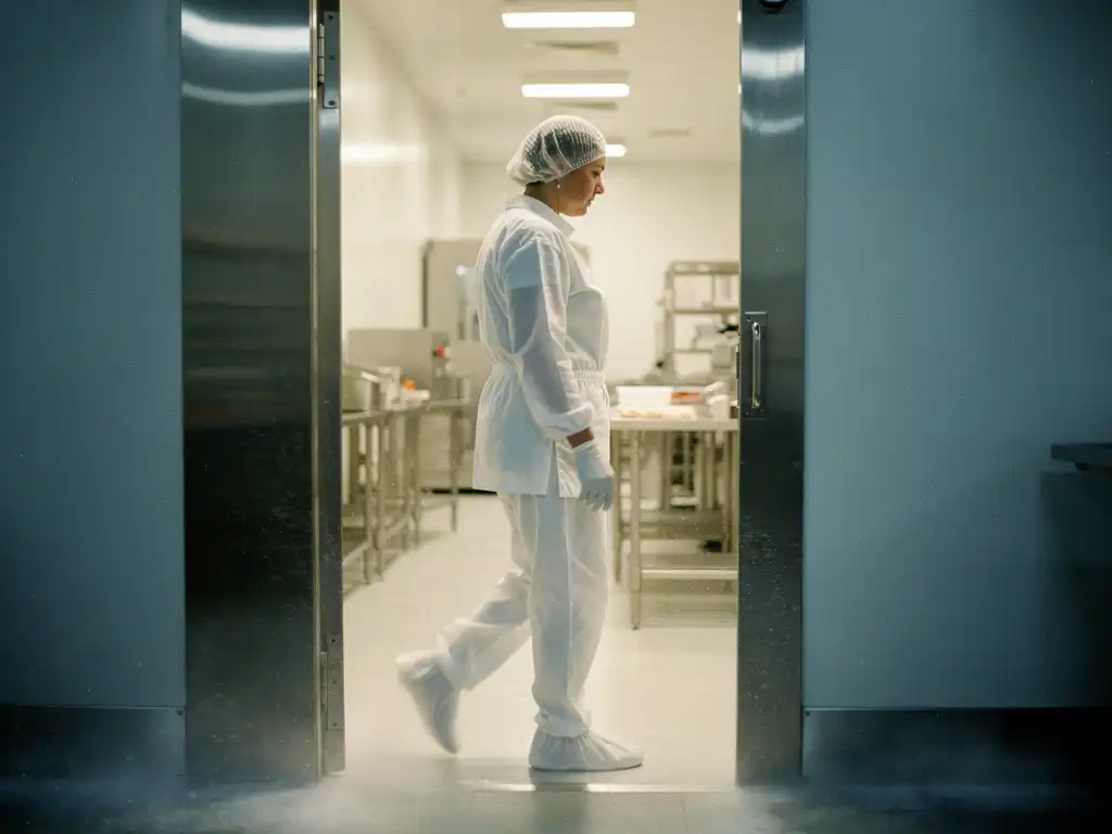 Lebensmittelarbeiter in weißem Schutzanzug und Haarnetz betritt hygienische Industrieküche durch Edelstahlkorridor.