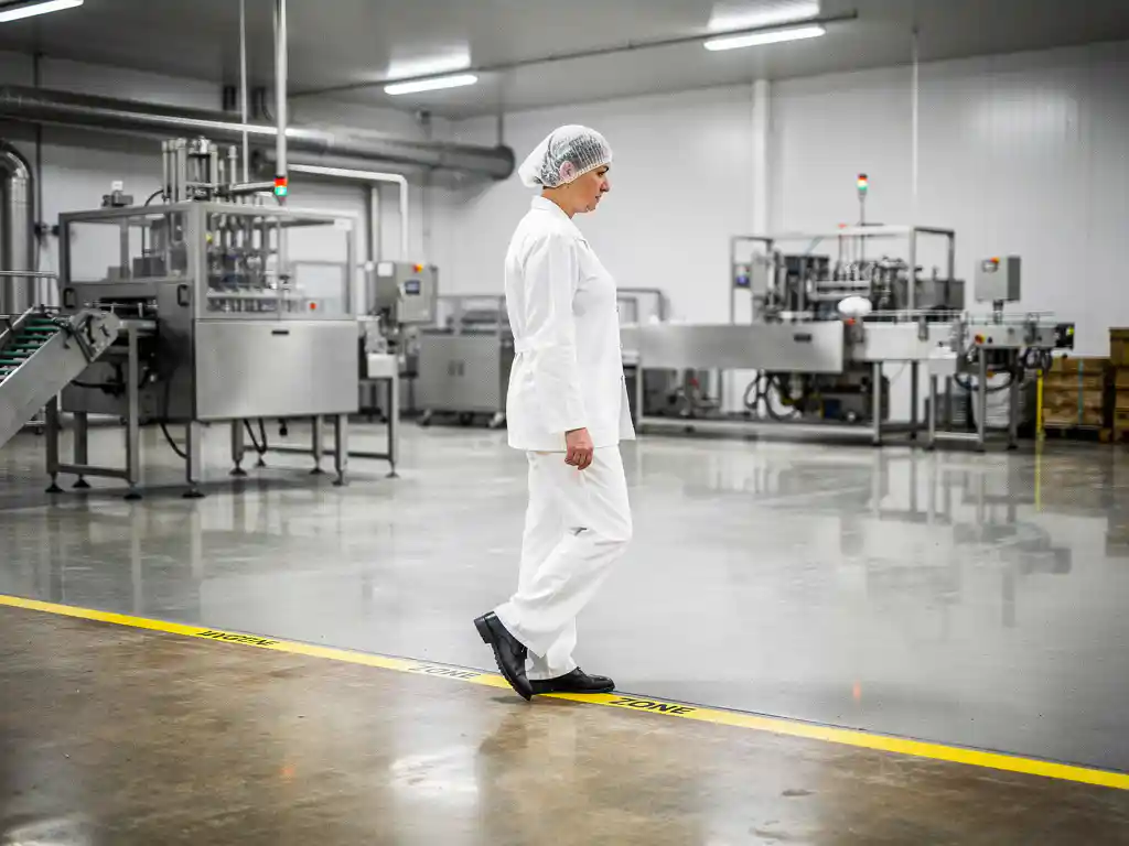 Lebensmittelarbeiter in weißer Schutzkleidung und Haarnetz an der Hygienezonengrenze, Edelstahlausrüstung im Hintergrund.