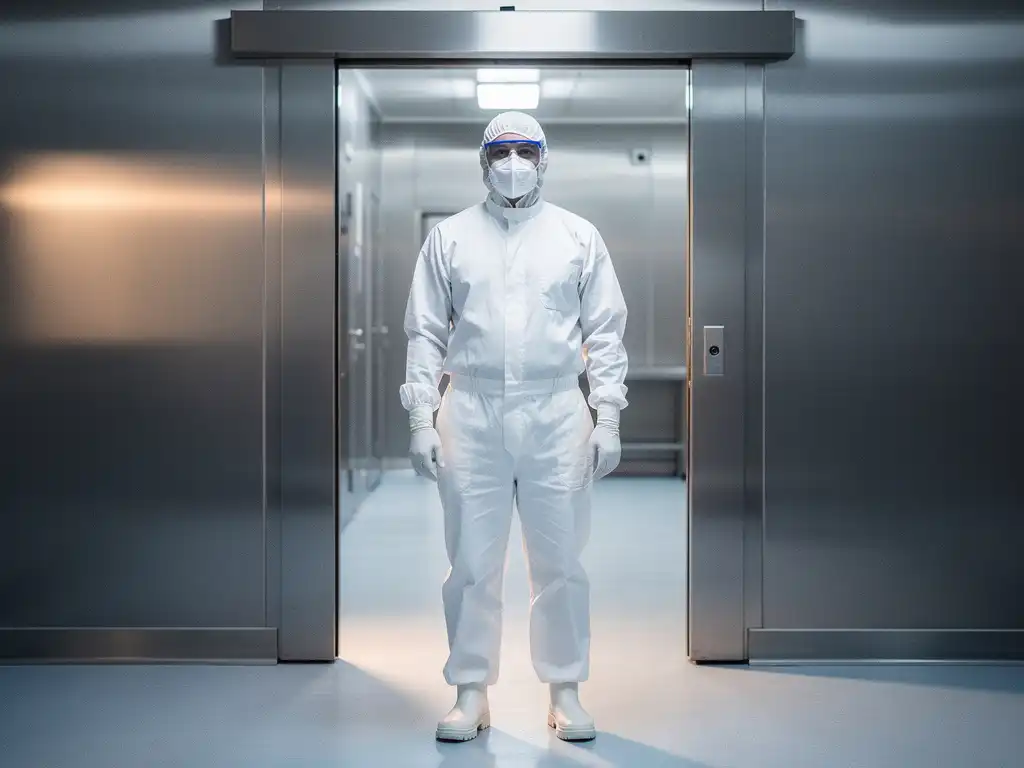 Lebensmittelarbeiter in weißer Schutzkleidung vor hygienischer Schleuse in steriler Produktionszone mit Edelstahlwänden.