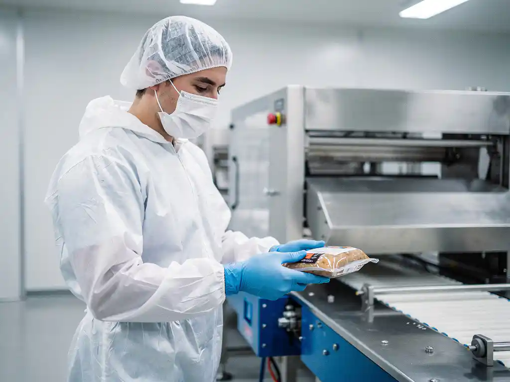 Lebensmittelarbeiter in weißem Schutzanzug, Haarnetz und blauen Nitrilhandschuhen prüft versiegeltes Produkt auf Edelstahl-Produktionslinie.