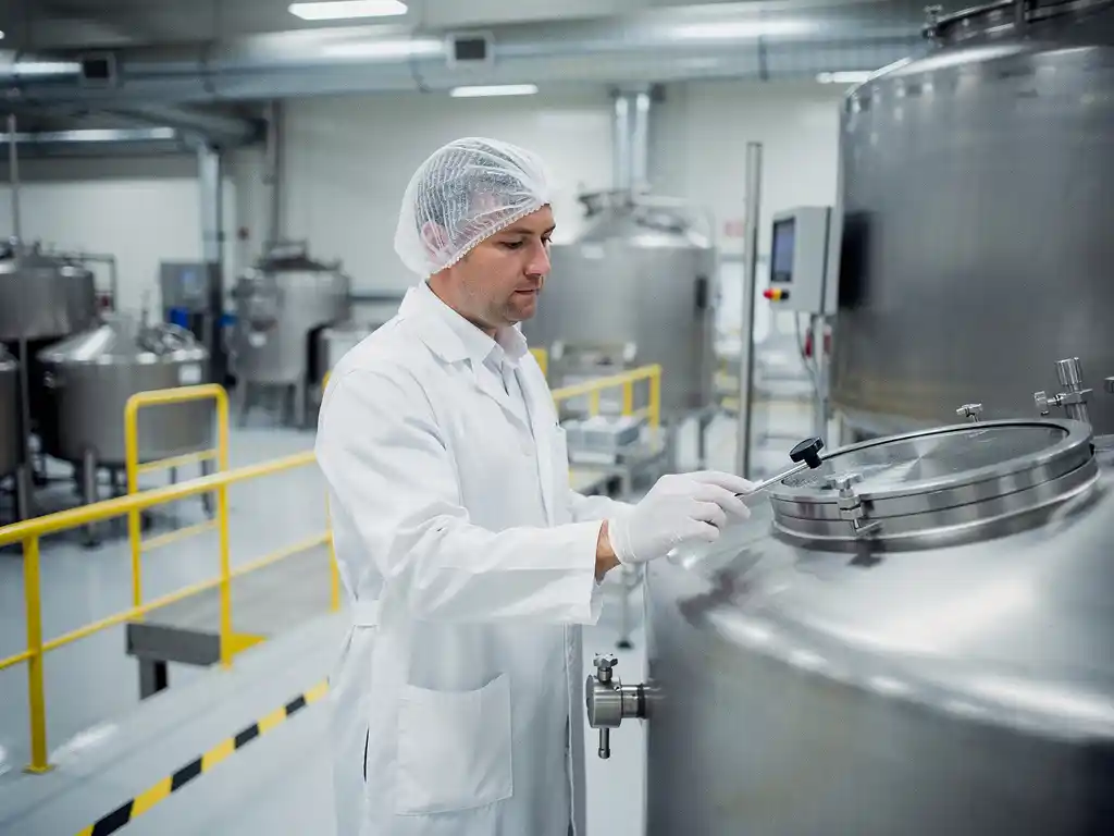 Lebensmittelkontrolleur im weißen Kittel prüft Edelstahl-Verarbeitungsanlagen auf hygienisch einwandfreier Produktionsfläche.