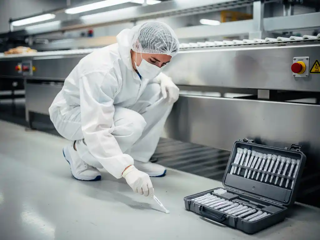 Lebensmitteltechniker in weißer Schutzkleidung entnimmt Abstrichprobe von Edelstahl-Verarbeitungsfläche neben Förderband.