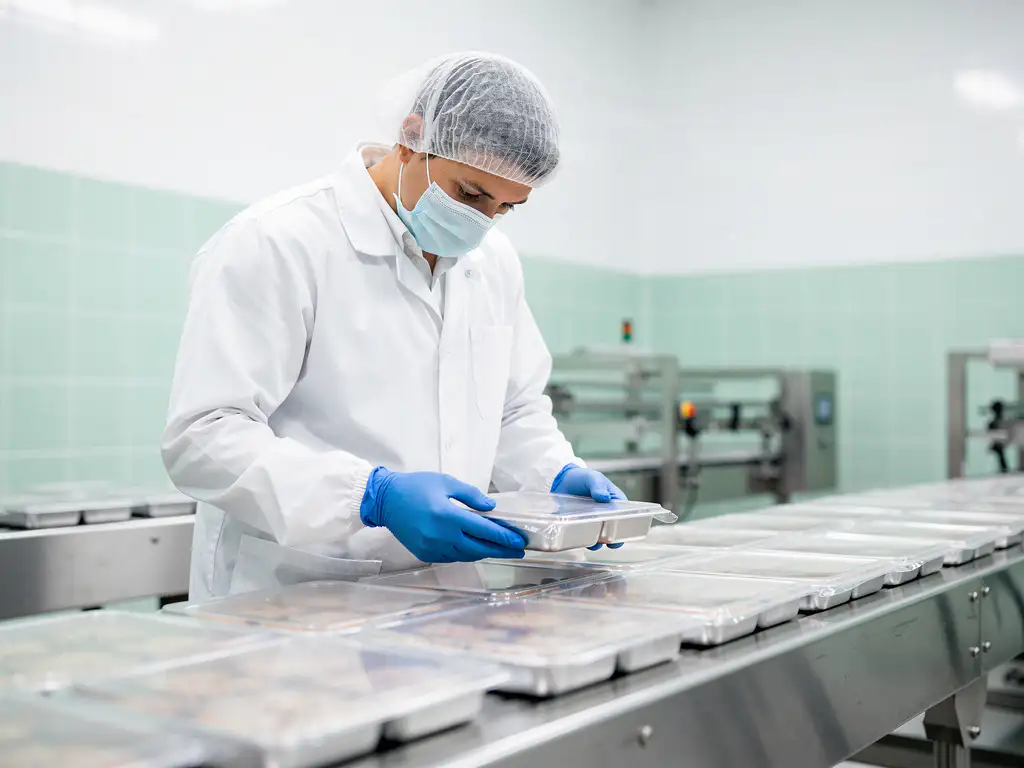 Lebensmitteltechniker in weißem Kittel und Handschuhen prüft versiegelte Fertigmahlzeiten auf Edelstahl-Produktionslinie.