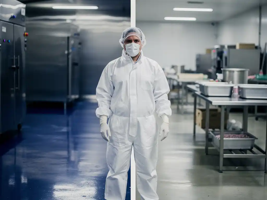 Lebensmittelarbeiter in weißem Schutzanzug und Haarnetz an der Grenze zwischen Hochrisikobereich und Vorbereitungszone einer Lebensmittelproduktionsanlage.