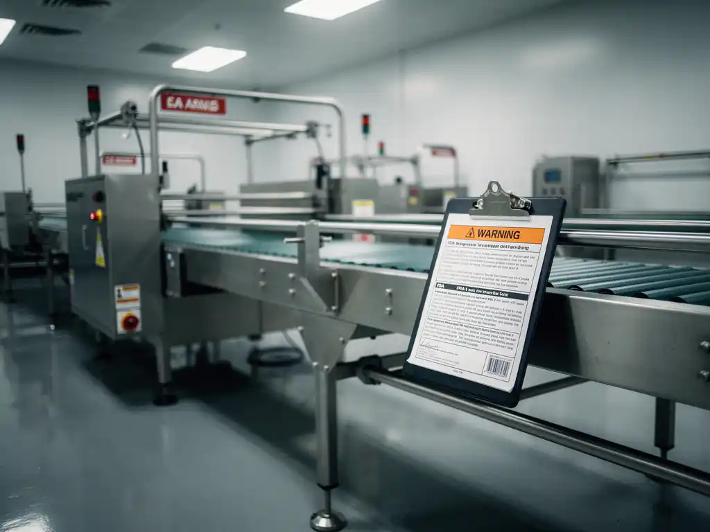 Stillgelegte Edelstahl-Lebensmittelproduktionslinie mit FDA-Warnhinweis auf Klemmbrett unter Neonlicht in steriler Fabrikhalle.
