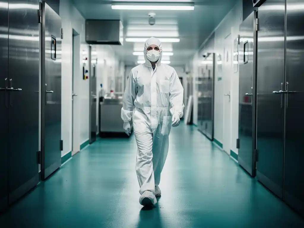Lebensmittelarbeiter in weißer Schutzkleidung geht durch einen industriellen Küchenflur mit Edelstahloberflächen und antimikrobiellem Bodenbelag.