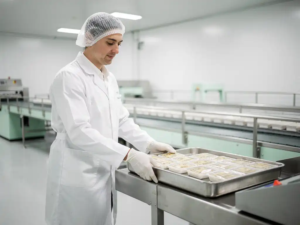 Lebensmittelarbeiter in weißer Hygienekleidung und Haarnetz übergibt Edelstahltablett mit verpackten Produkten an einer Übergabestation.